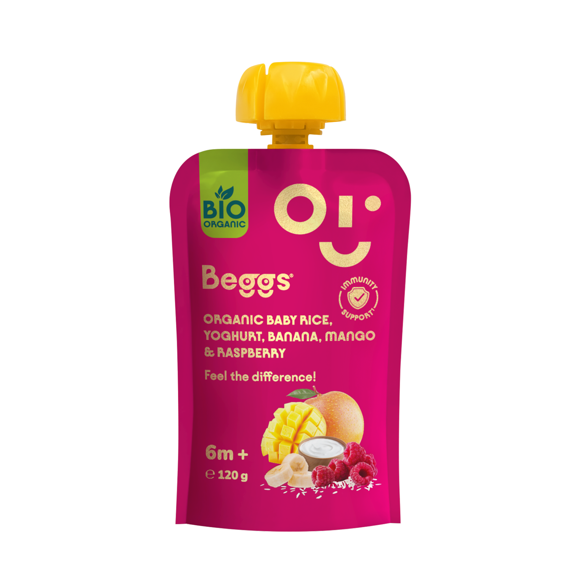 Beggs BIO Dětská rýže s jogurtem, banánem, mangem a malinami (120 g)