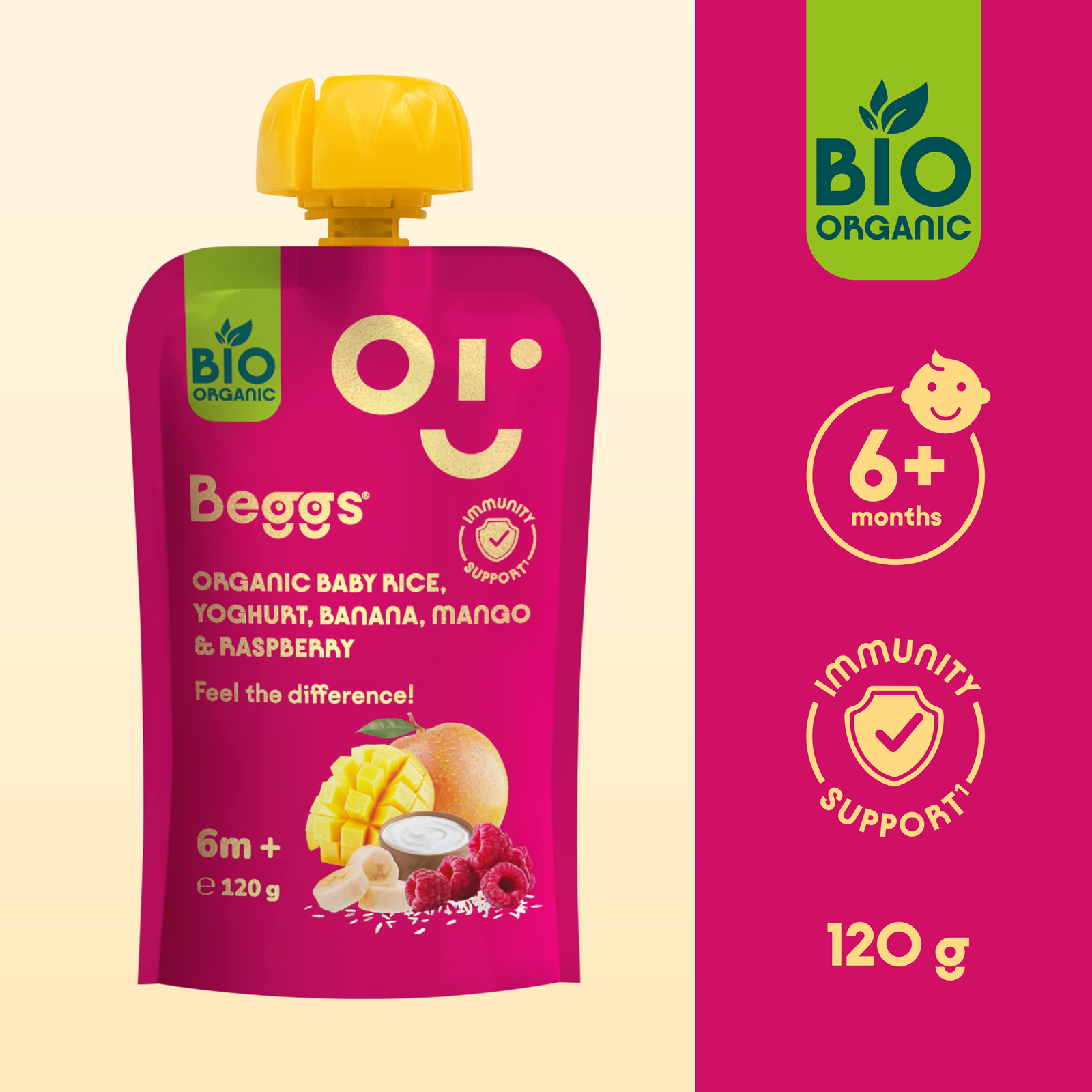 Beggs BIO Baby rice with yogurt, banana, mango and raspberries (120 g)
