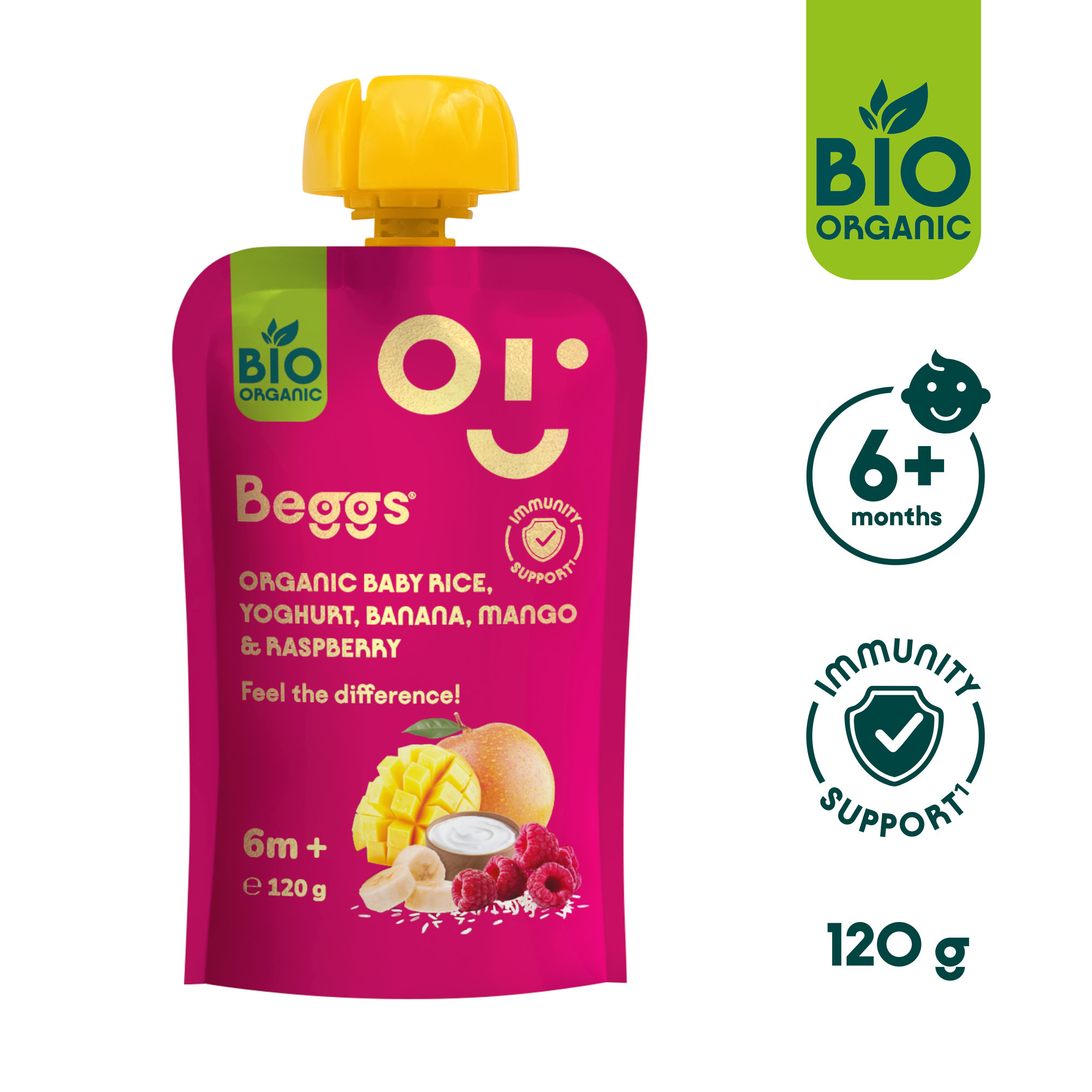 Beggs BIO Dětská rýže s jogurtem, banánem, mangem a malinami (120 g)