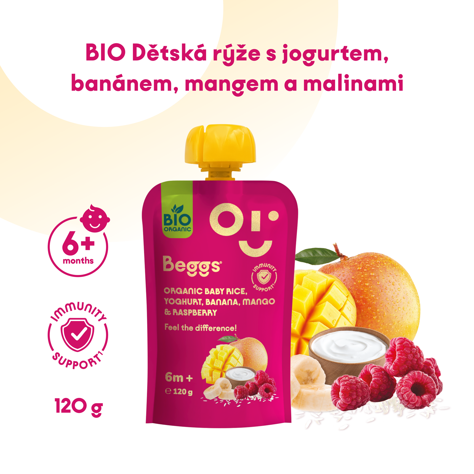 Beggs BIO Dětská rýže s jogurtem, banánem, mangem a malinami (120 g)