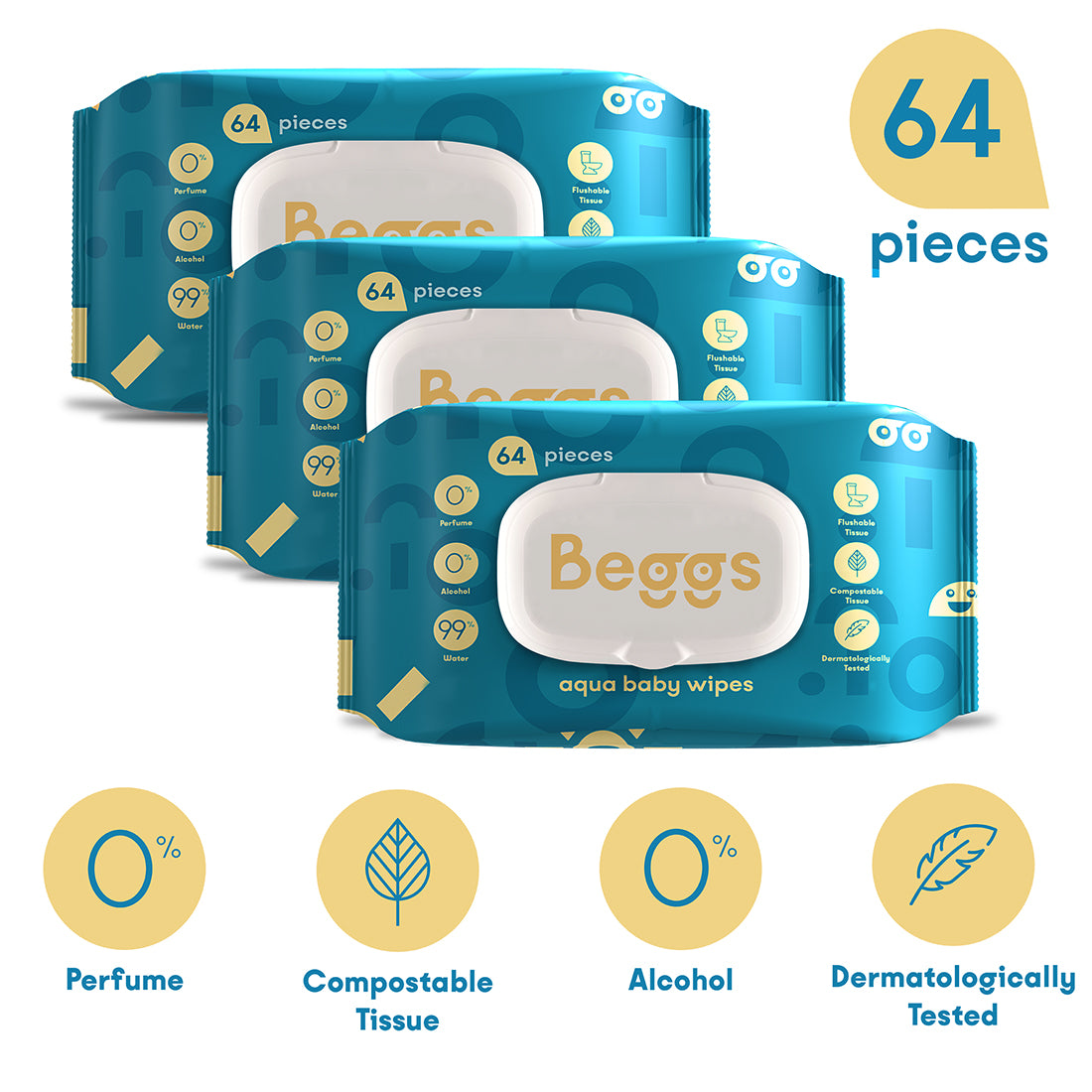 3x Beggs vlhčené splachovatelné ubrousky (64 ks)