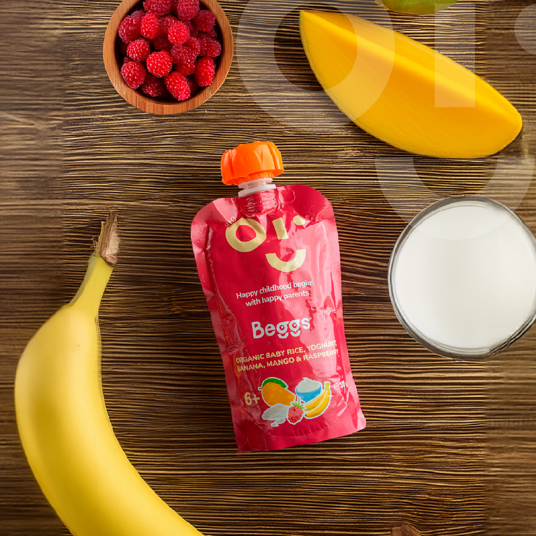 Beggs BIO Dětská rýže s jogurtem, banánem, mangem a malinami (120 g)