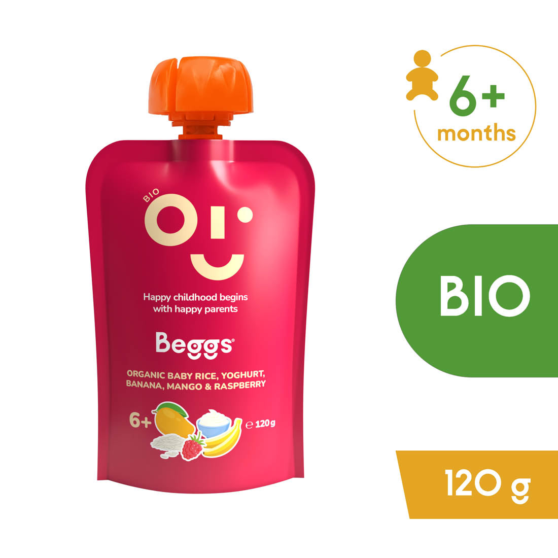Beggs BIO Dětská rýže s jogurtem, banánem, mangem a malinami (120 g)