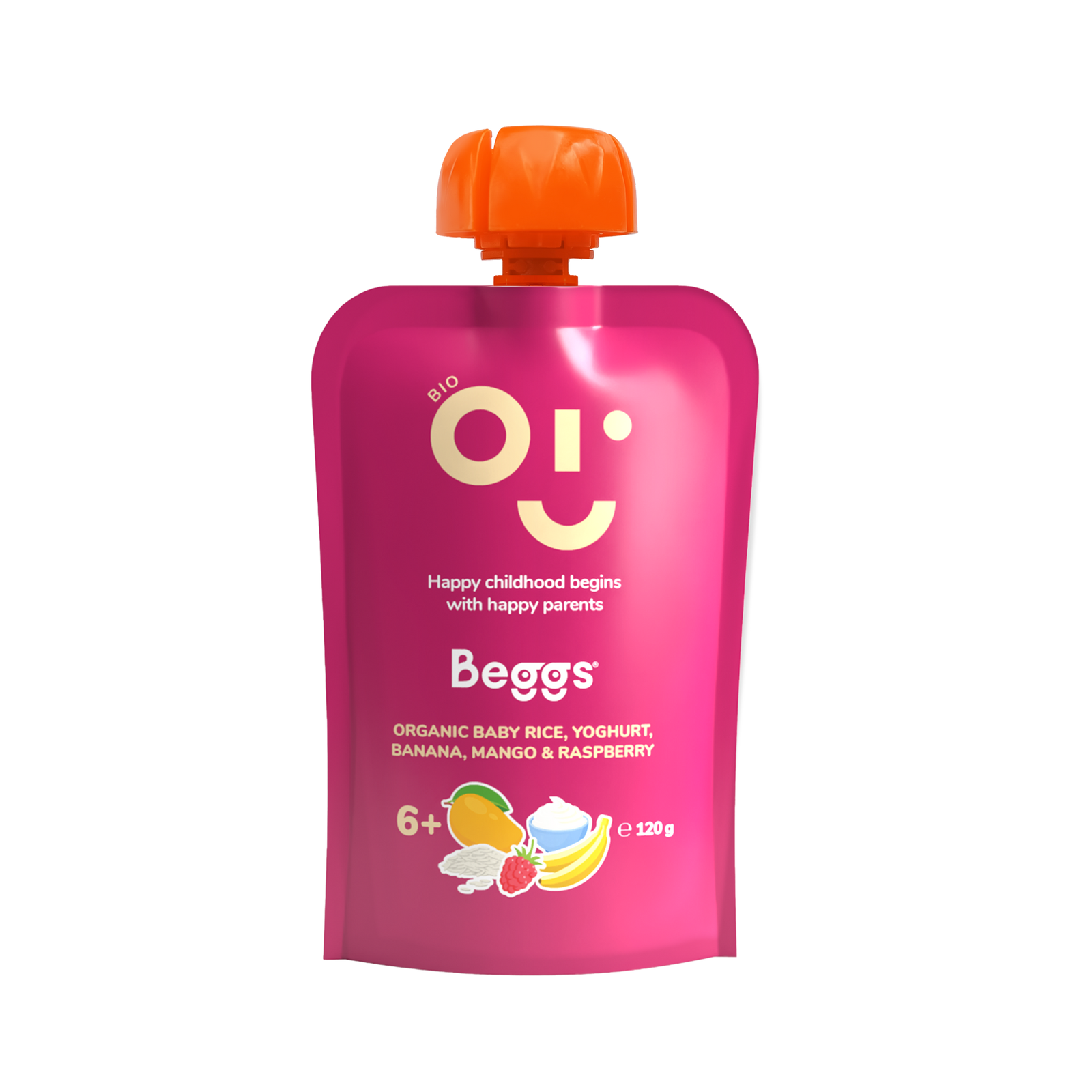 BIO Dětská rýže s jogurtem, banánem, mangem a malinami (120 g)